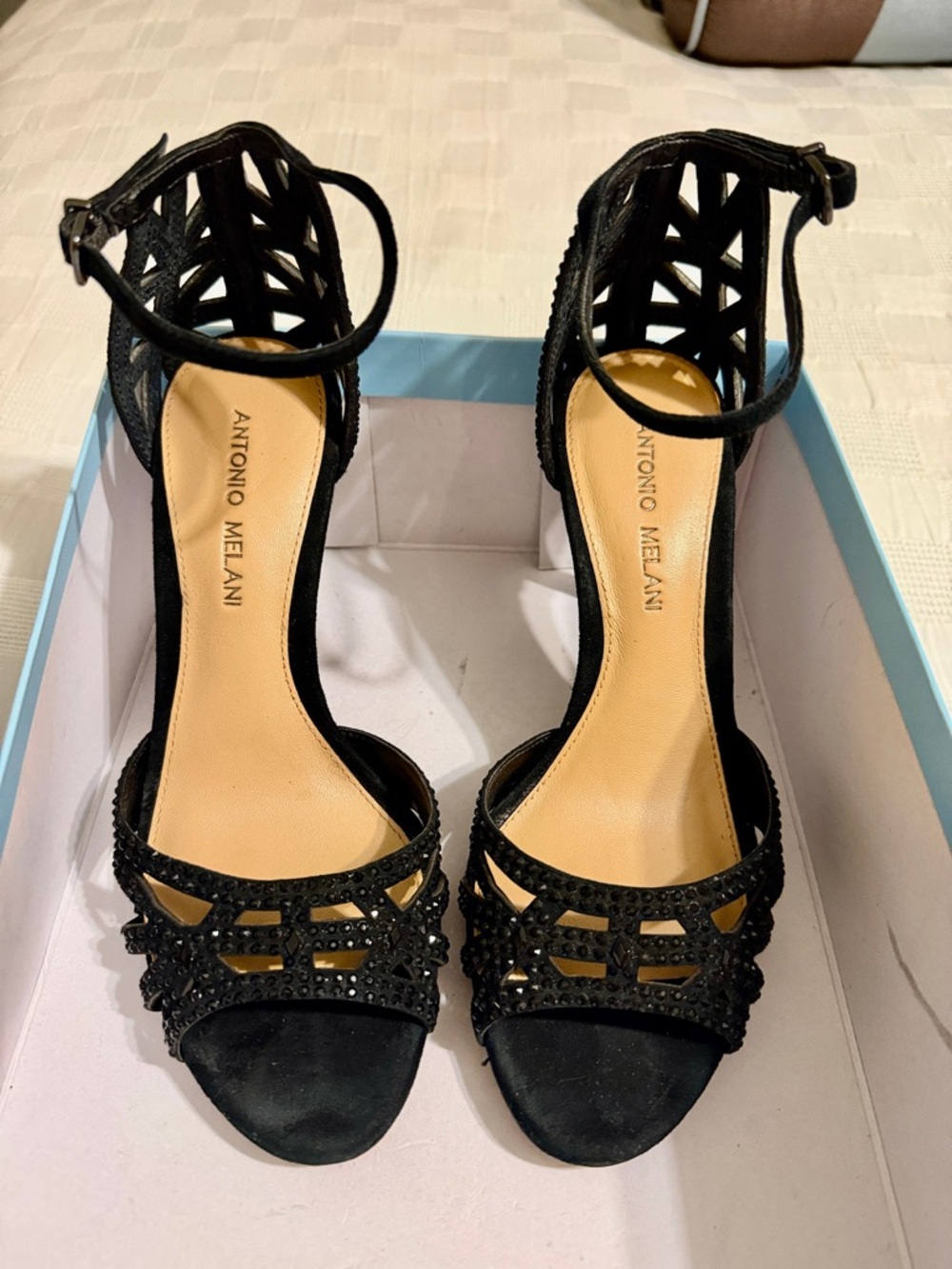ANTONIO MELANI Black Open-Toe Ankle Strap Heels with Crystal Detail